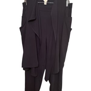 Chico's drapey open-front vest and matching pants set.